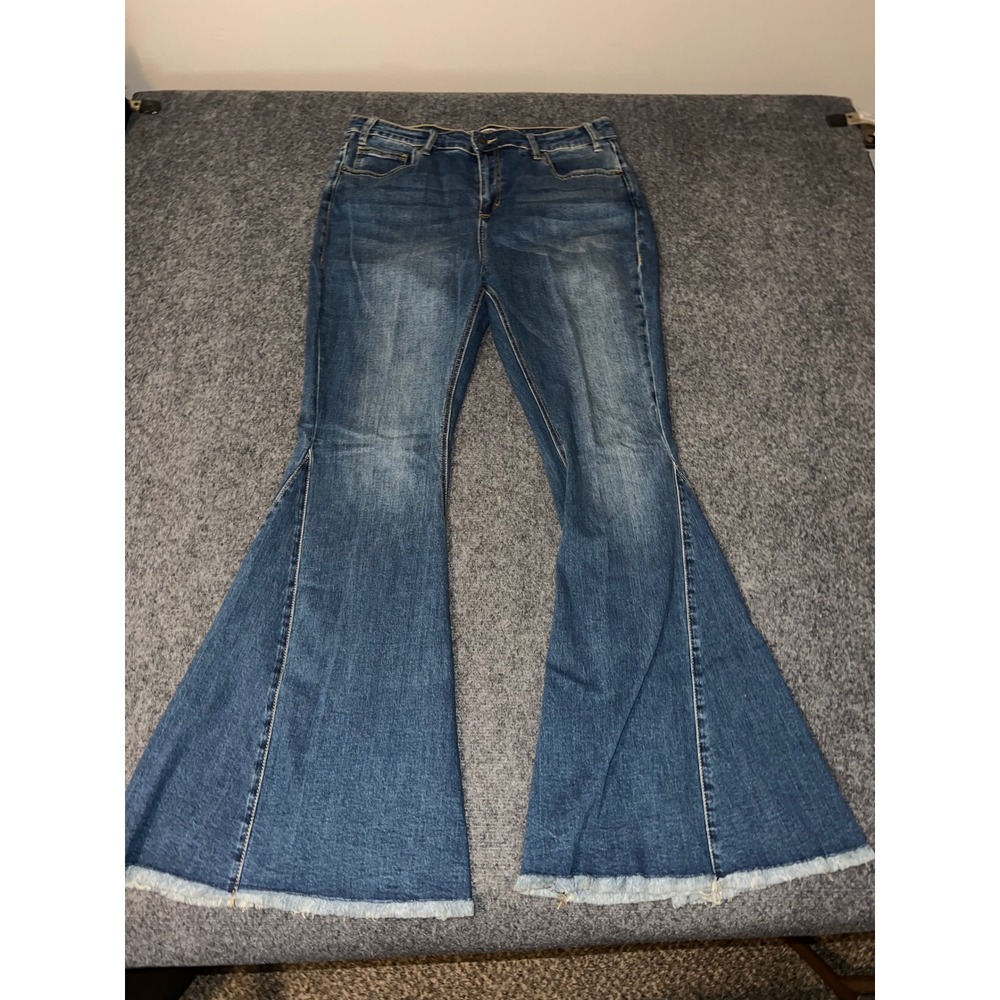 Rock & Roll Denim High Rise Bell Bottom Jeans Blue 33x32 Flare Raw Hem
